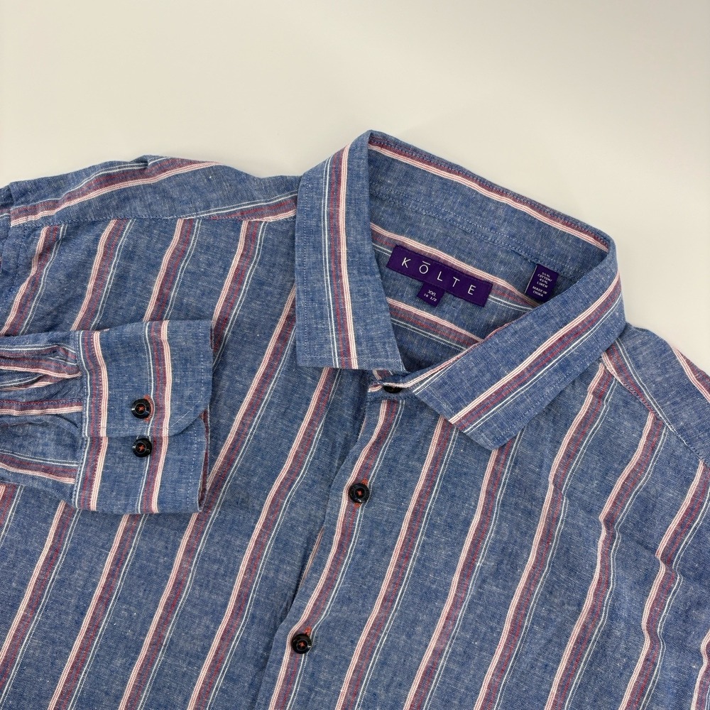 KOLTE Men's XXL 18 1/2 Linen Cotton Blend Blue‎ Striped Button Down Long Sleeve